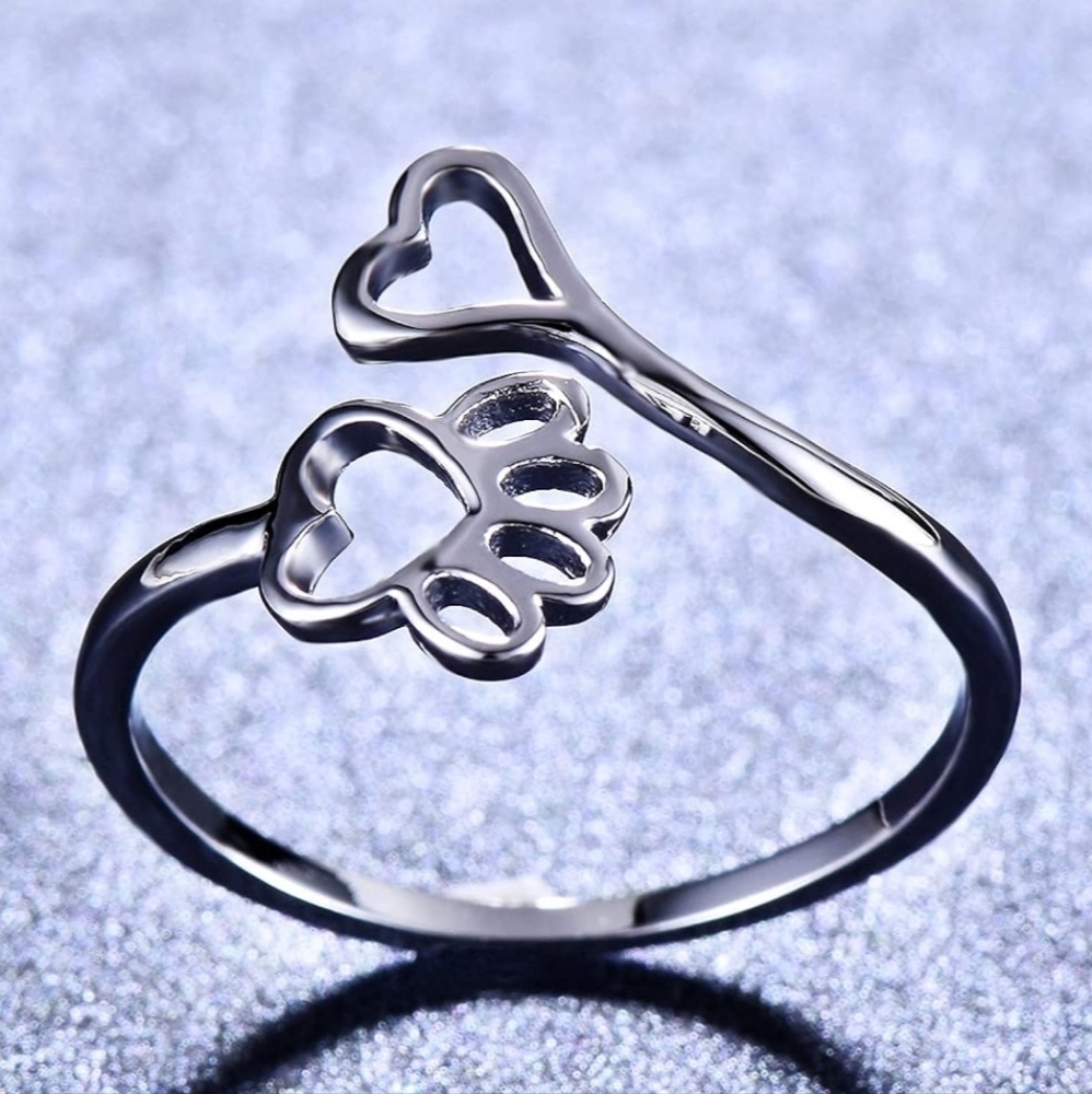 Pet Lovers Paw Print Ring Heart  Silver Adjustable Ring